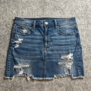 American‎ Eagle Denim Hi-Rise Mini Skirt Womens 12 Blue Distressed Super Stretch